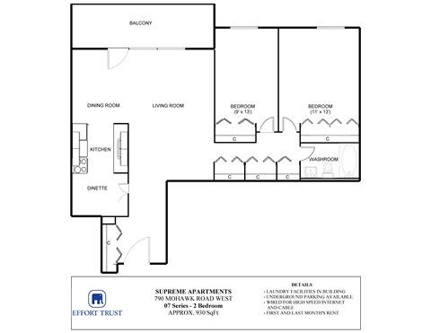 Floor plan for 2 beds, 1.5 baths, 910 sqft